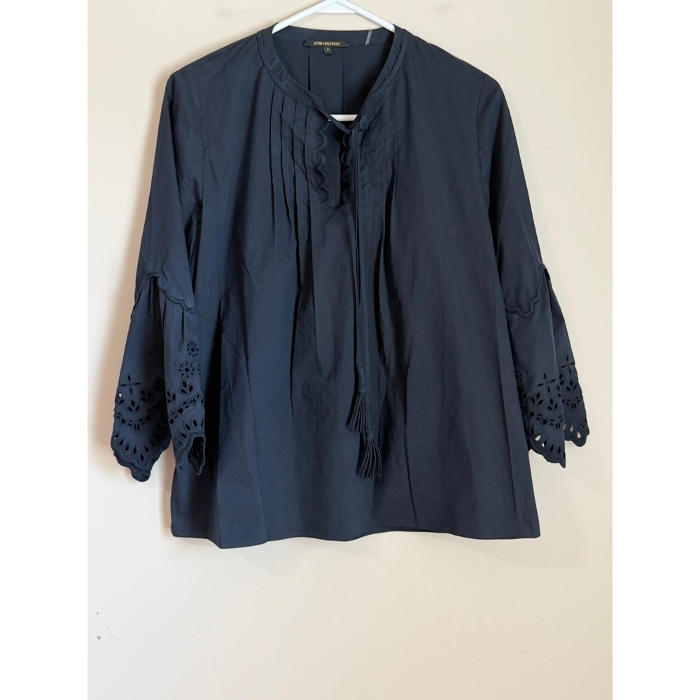 Kobi Halperin Eyelet Bell Sleeve Blouse Womens Small Navy Blue Pintuck Tassel - Picture 2 of 10